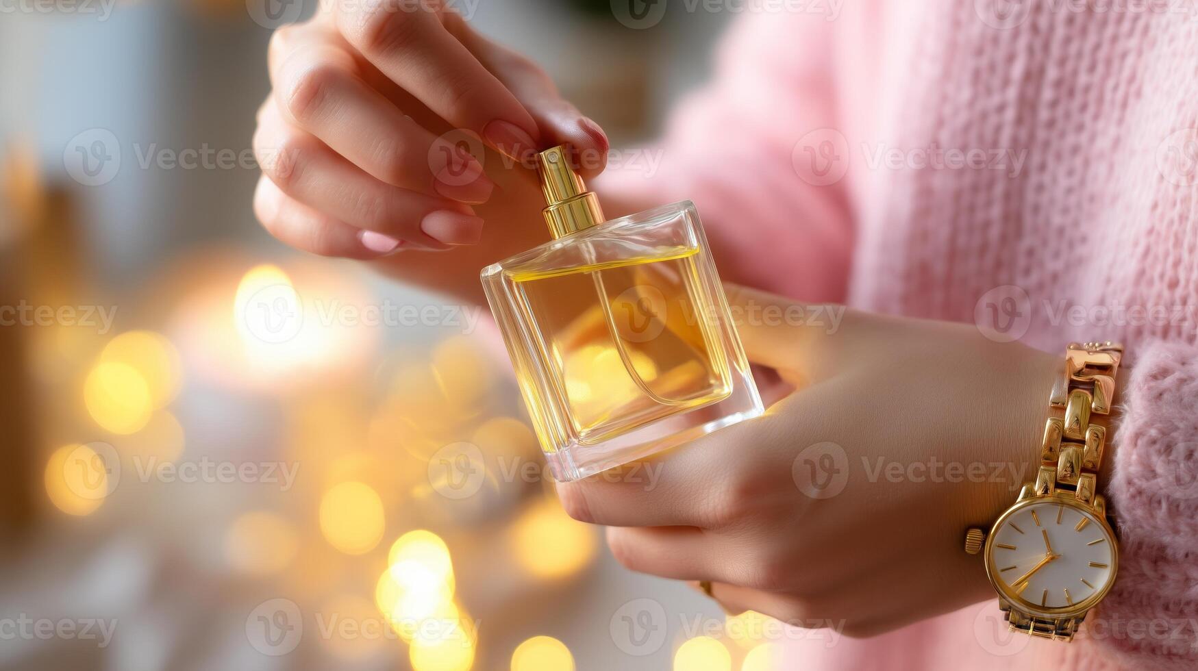 Woman applying perfume from a stylish bottle during cozy indoor setting with warm lights photo