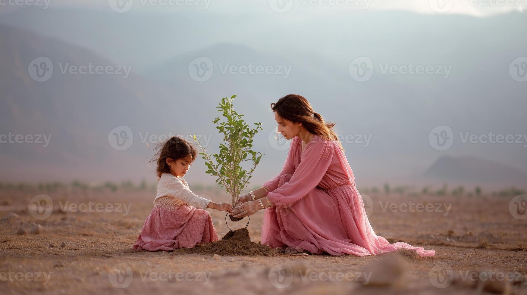 Mother and daughter plant a young tree in a dry landscape under soft evening light photo