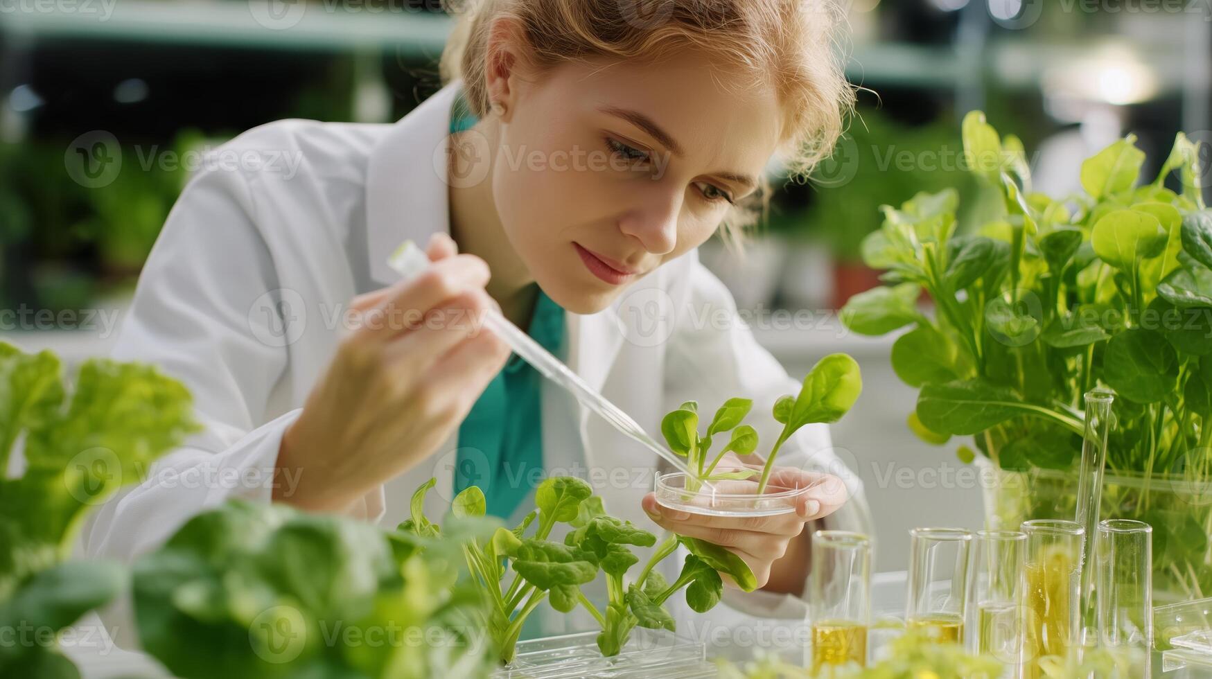 Scientist conducts plant research in a laboratory while analyzing leafy greens with precision tools photo