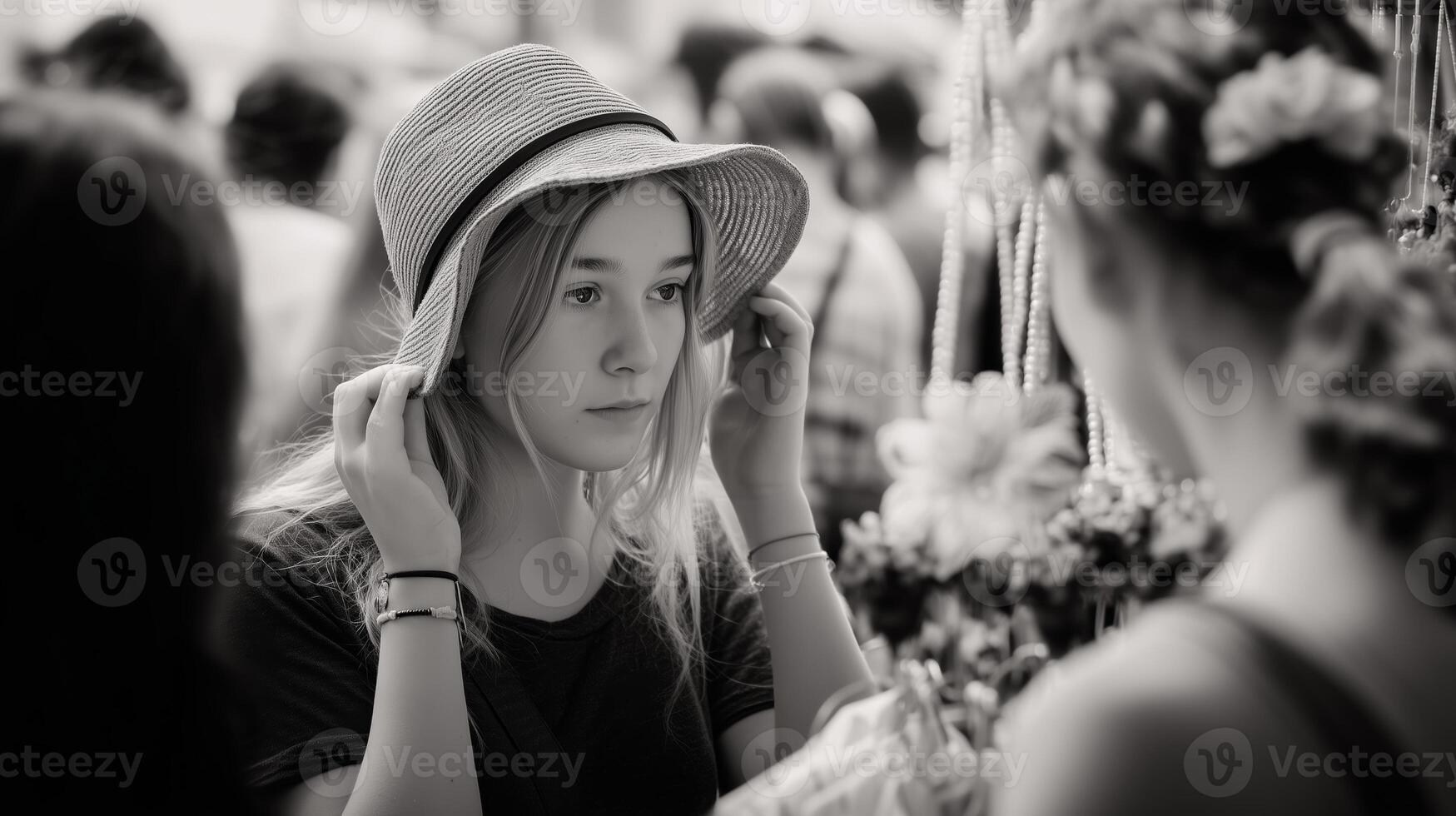 Young woman trying on a hat at a vibrant market during a sunny afternoon photo
