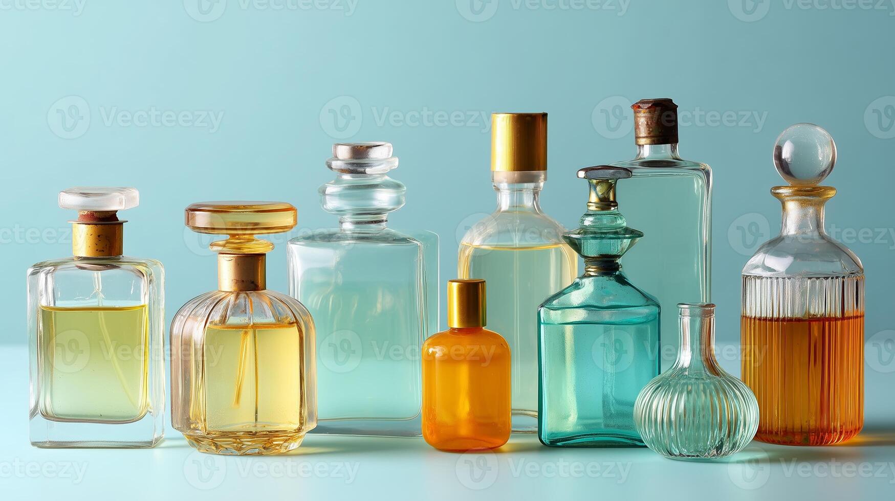 A collection of vintage glass bottles in various shapes and colors arranged against a soft blue background photo