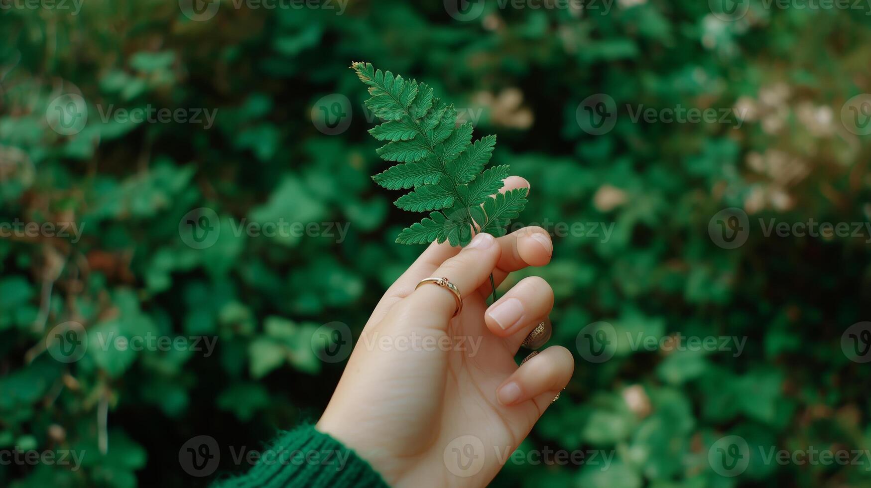Holding a green fern leaf against a lush background of foliage in a serene outdoor setting photo