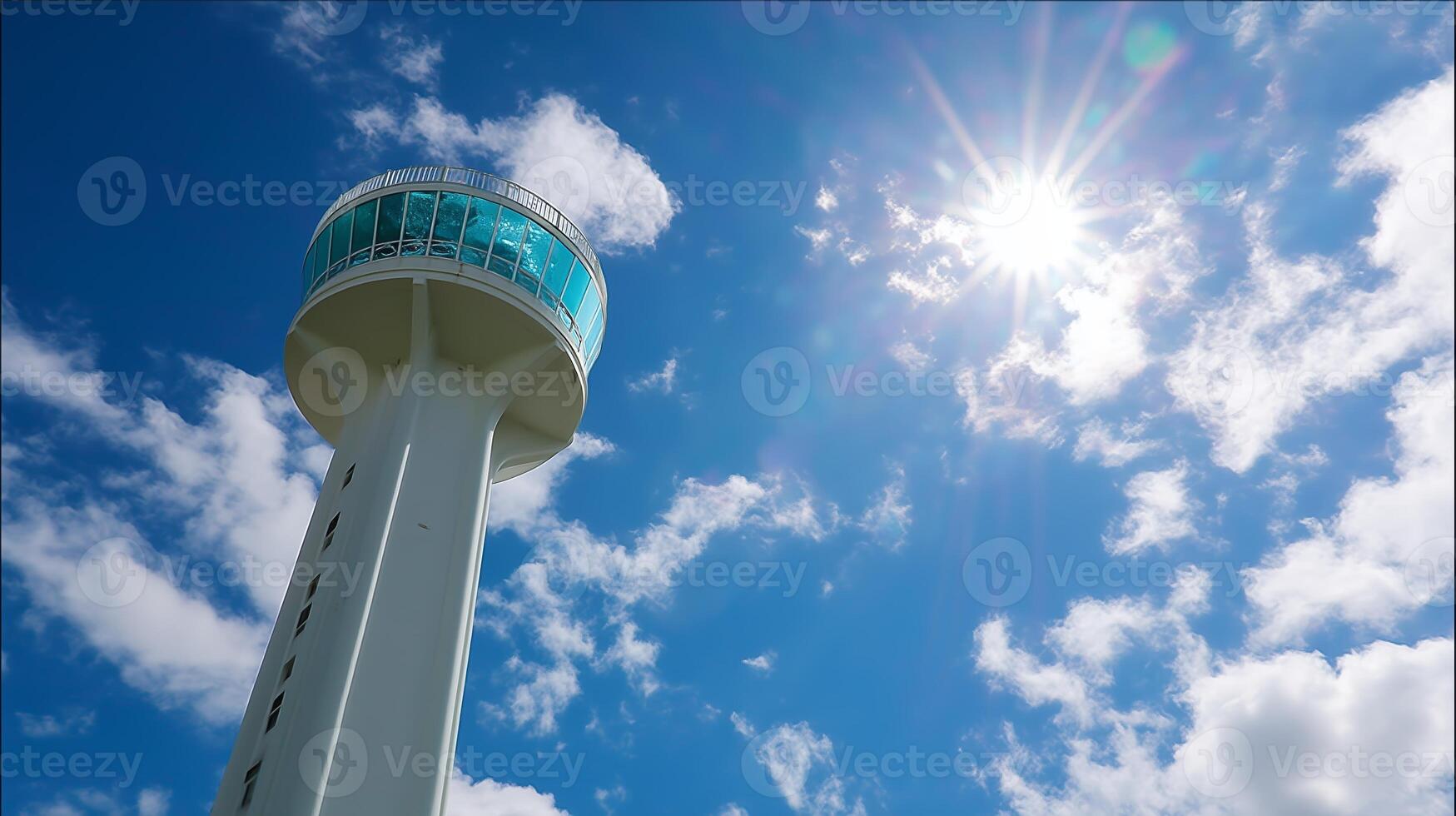 Bright sun shining over a modern lighthouse against a clear blue sky with scattered clouds photo