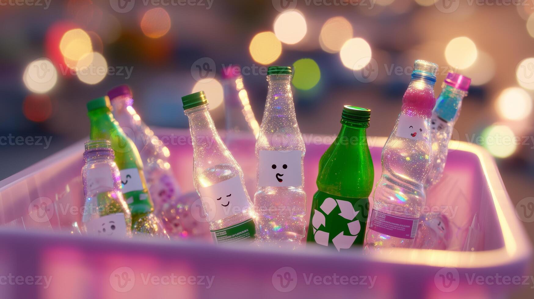 Brightly colored recyclable bottles in a bin on a city street at night creating an eco-friendly atmosphere for urban life photo