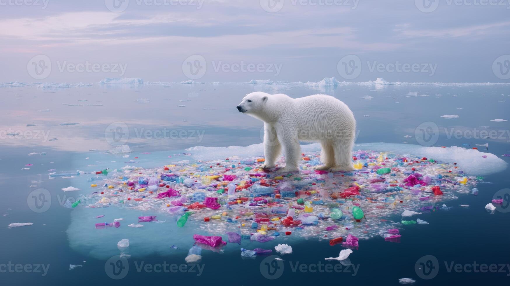 Polar bear stands on floating plastic waste in Arctic waters, illustrating urgent environmental crisis and climate change impact photo
