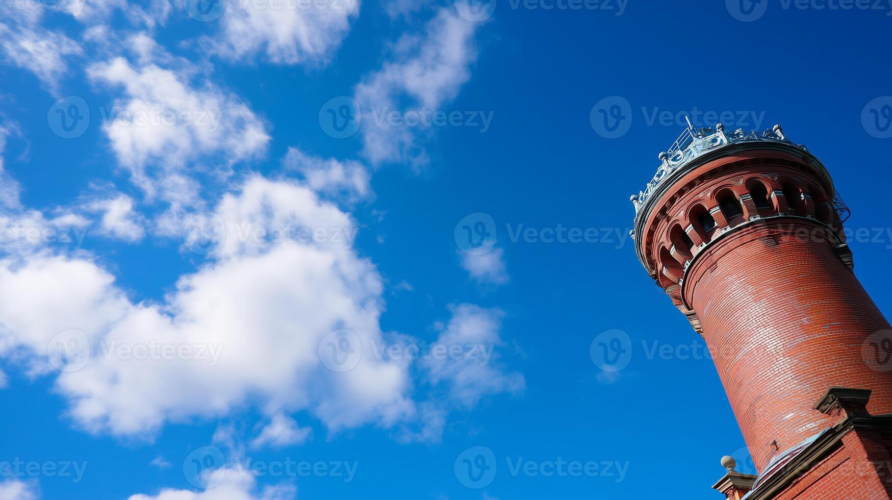 Historic red tower reaches toward the blue sky with wispy clouds on a bright sunny day in an urban landscape photo