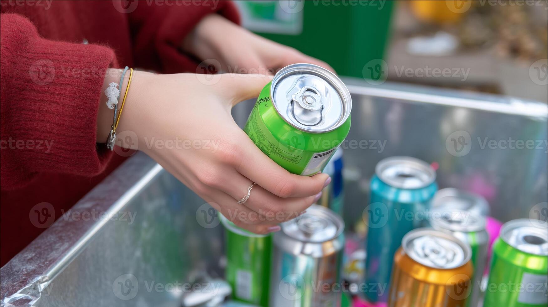 Recycling empty soda cans in a green bin while promoting eco-friendly habits in a community setting photo