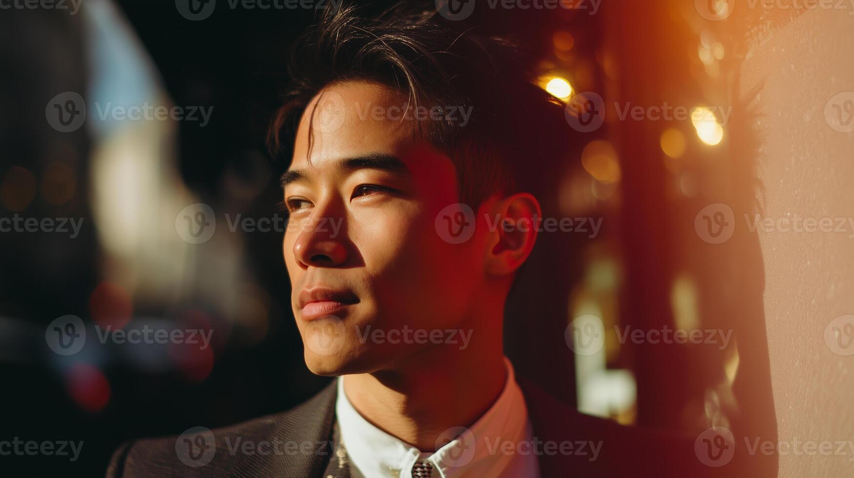 Confident young man standing in urban setting during golden hour with warm light highlighting features photo