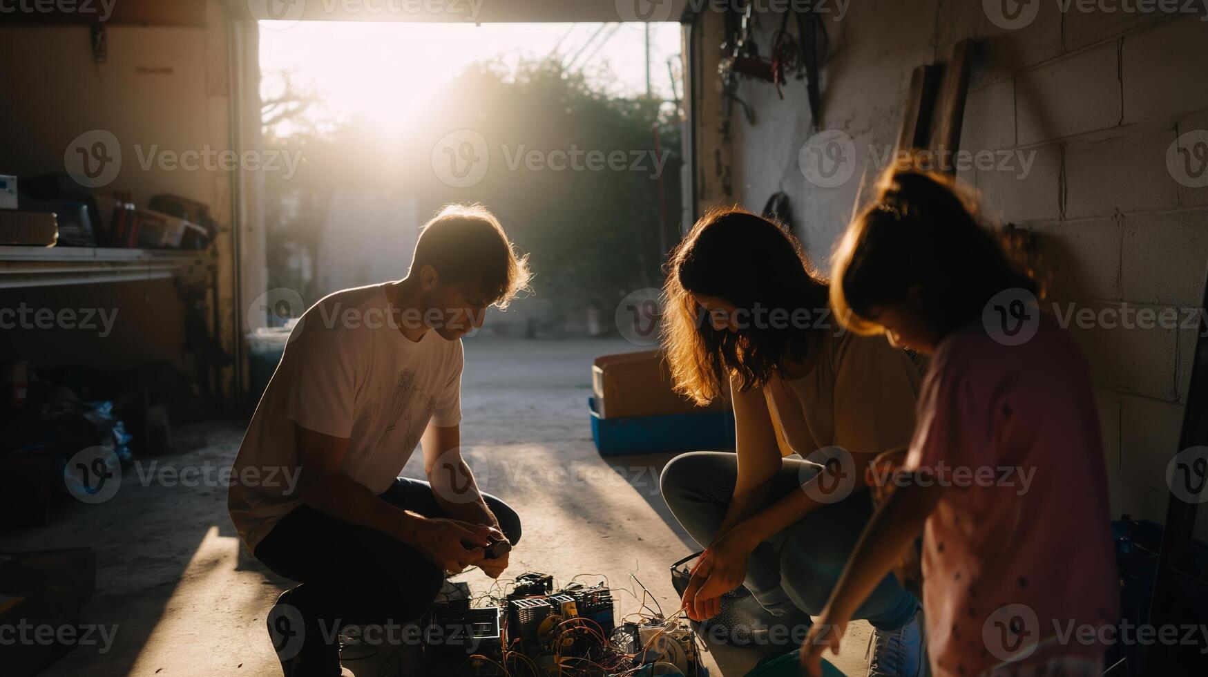 Family collaboration in a garage workshop during sunset, focusing on creative project photo