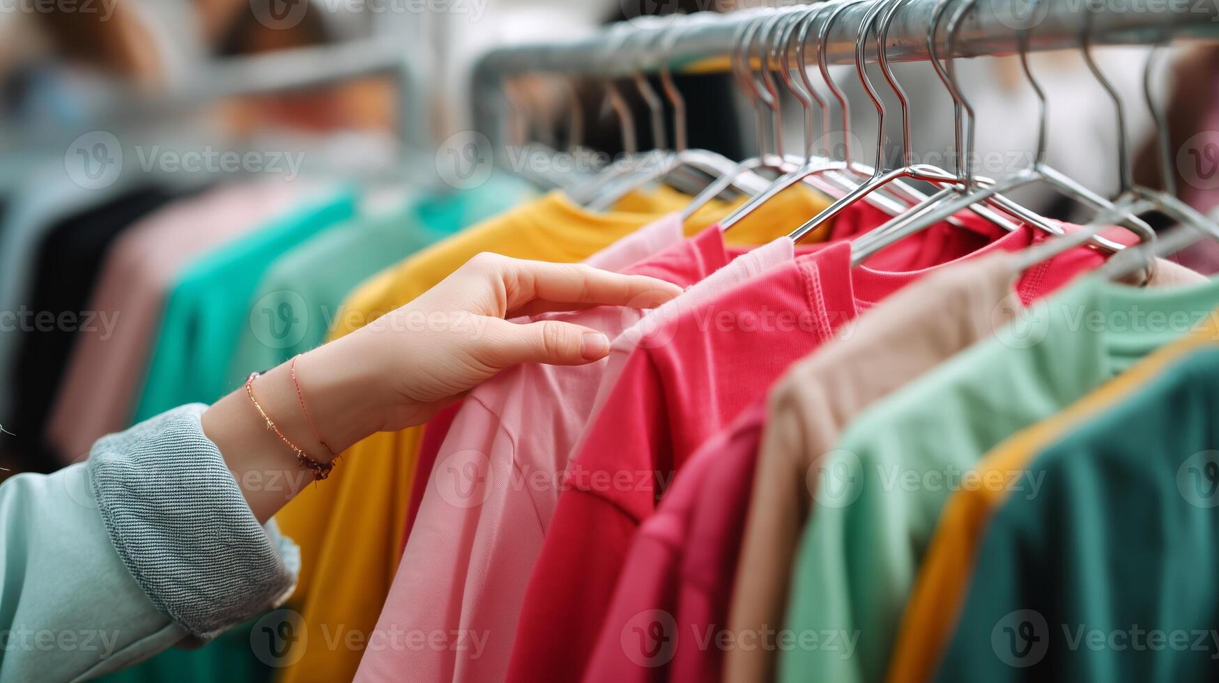 Colorful t-shirts hanging on rack with a hand reaching for a pink one at a busy market photo