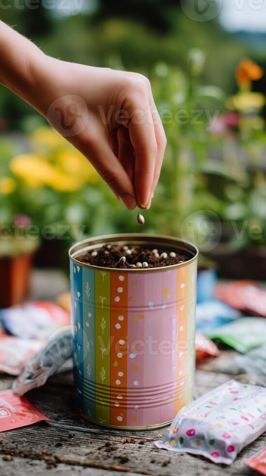 Hand planting seeds in a colorful tin can on a sunny garden table surrounded by flower packets and greenery photo