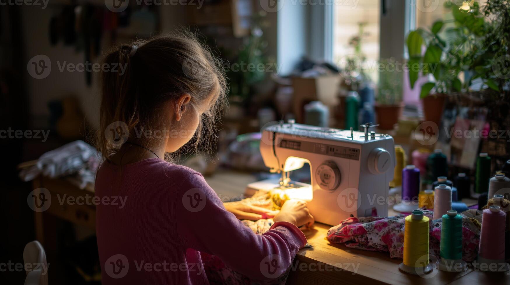 Girl stitches fabric at a sewing machine in a cozy workshop during evening hours photo