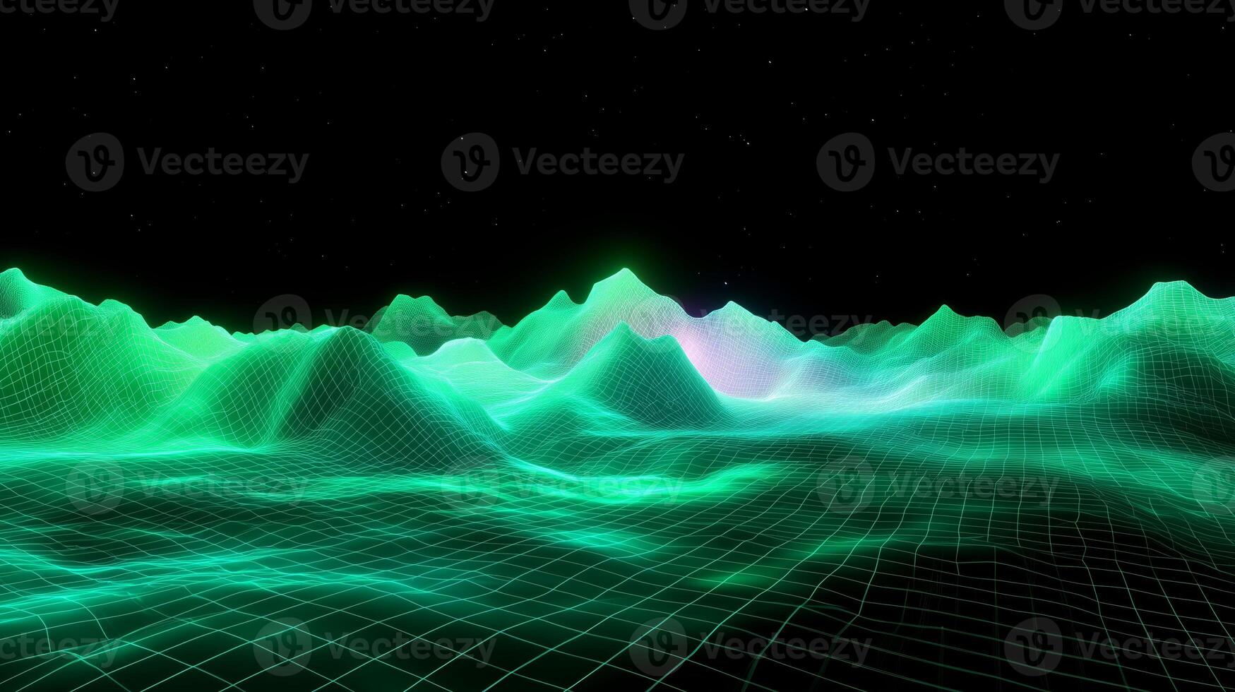 Digital landscape with glowing green mountains and grid patterns against a starry sky photo