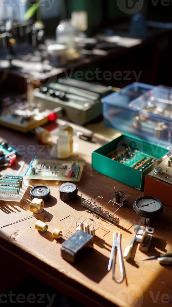 Crafting electronics in a workshop with various tools and components spread out on the table photo