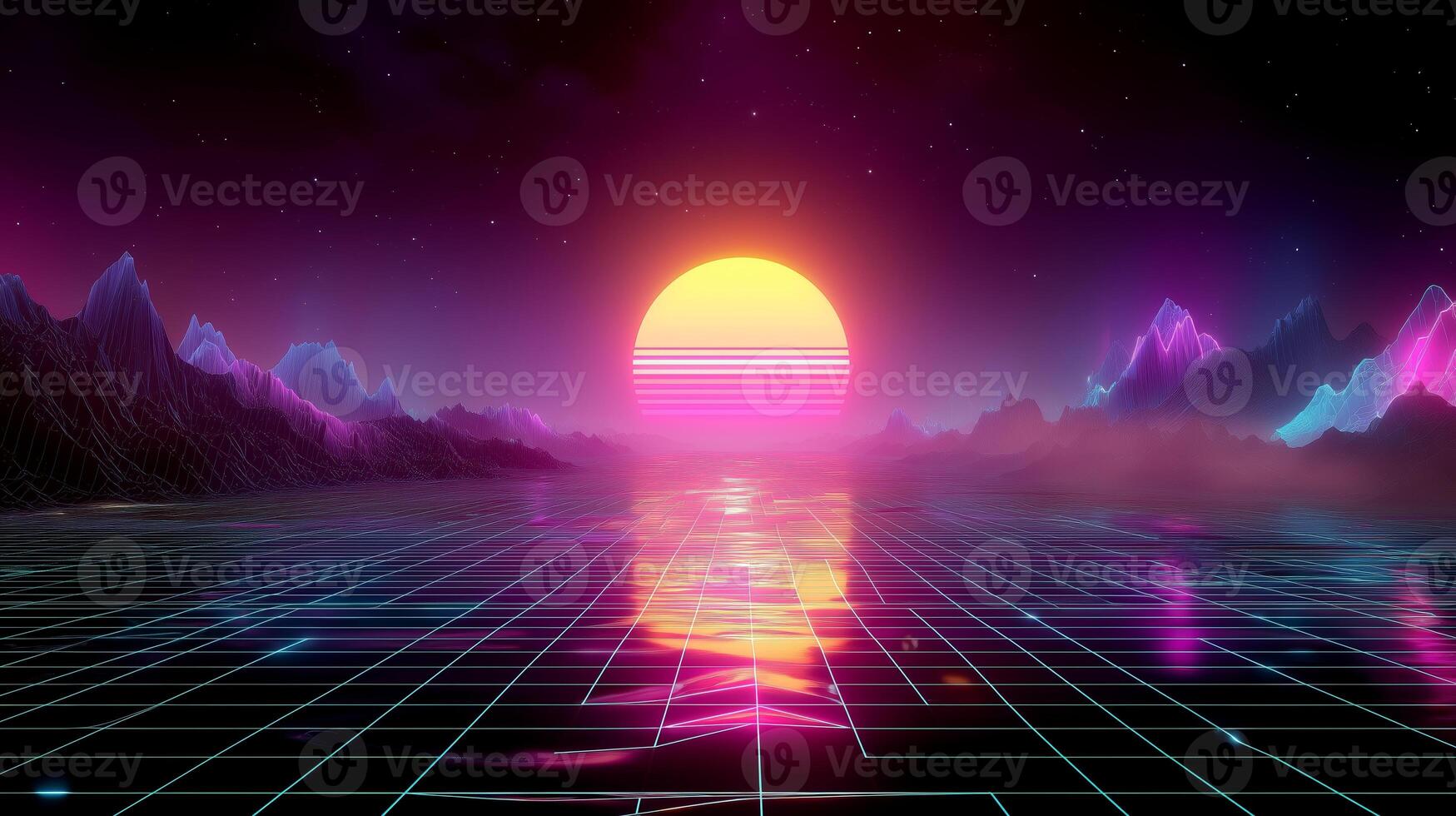 Vibrant sunset over a digital landscape with neon hues and grid patterns photo