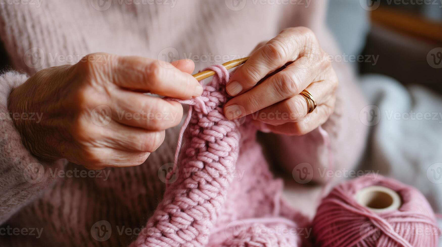 Knitters create cozy garments in soft pink yarn during a peaceful afternoon indoors photo