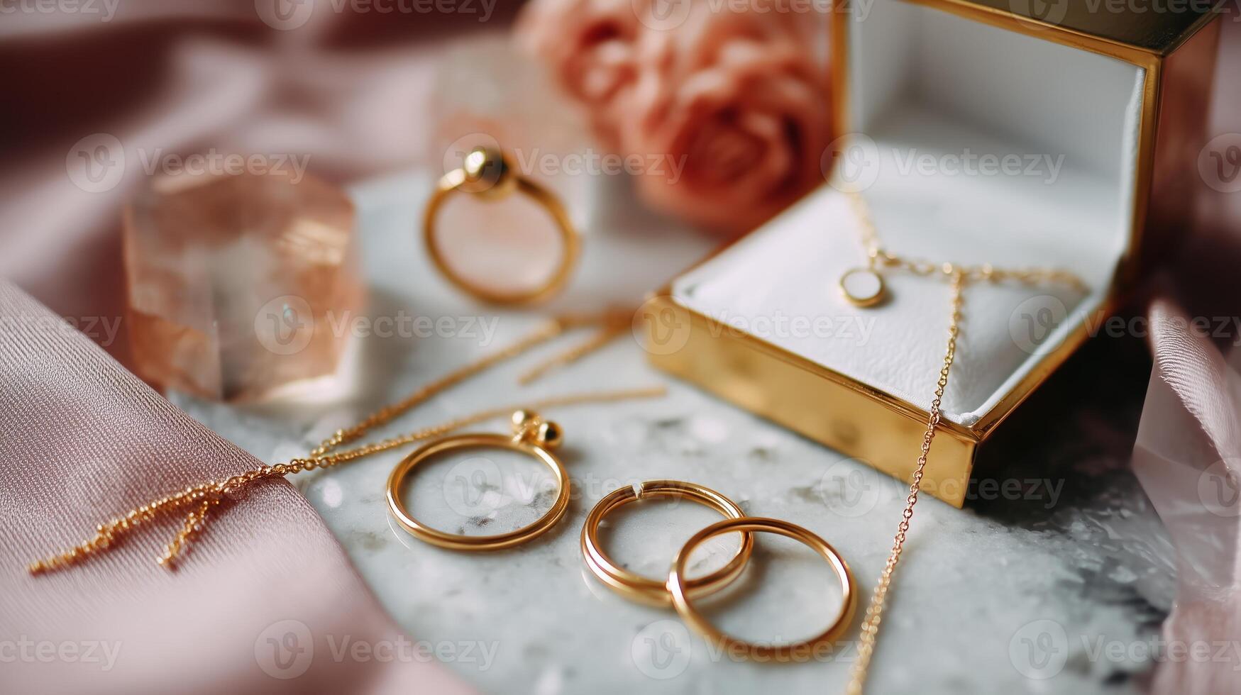 Elegant gold jewelry collection displayed on a marble surface with soft fabric and floral accents photo