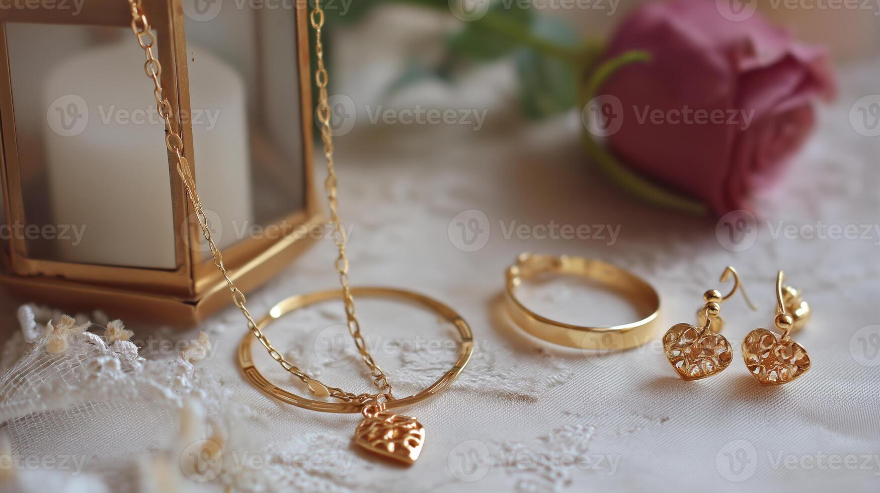 Elegant gold jewelry displayed on lace with beautiful pink rose and lantern in a serene setting photo
