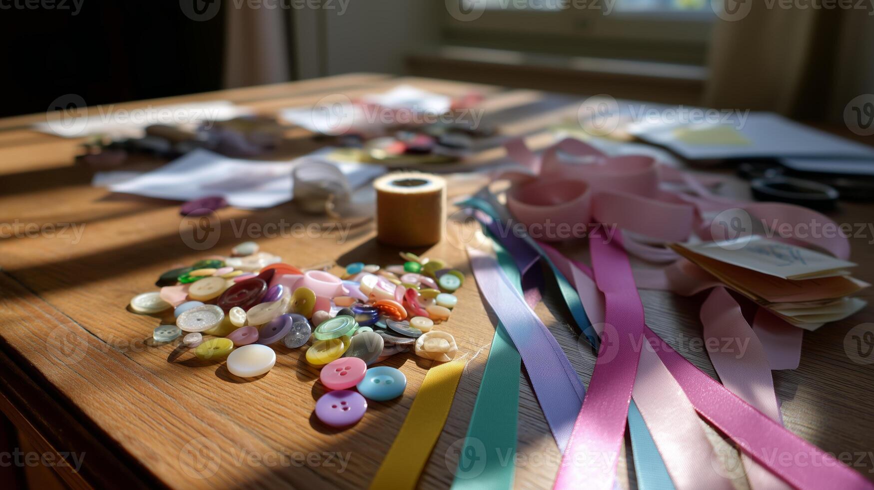 Colorful buttons and ribbons laid out on a wooden table in bright sunlight during a creative crafting session photo