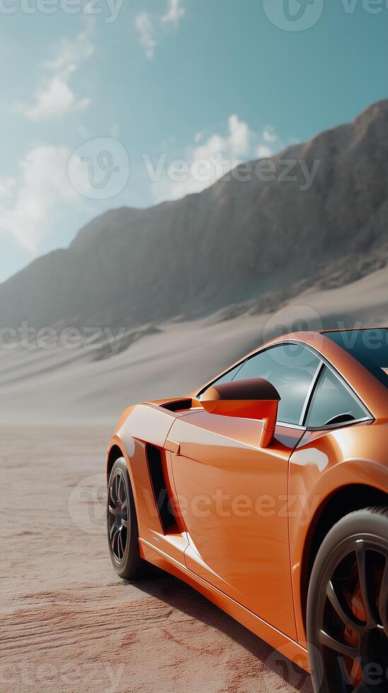Vibrant orange sports car parked on sandy desert landscape with mountains in the background during daylight photo