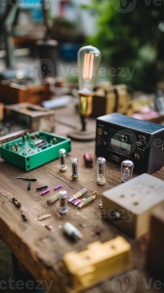 Variety of electronic components and tools displayed on a wooden workbench during a creative workshop session photo