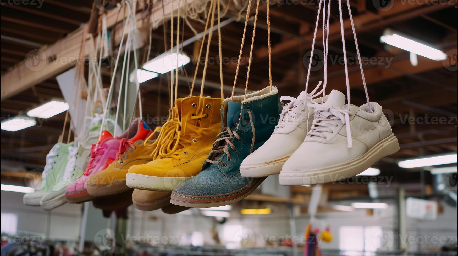Colorful sneakers and boots hanging in a trendy thrift store during a sunny afternoon photo