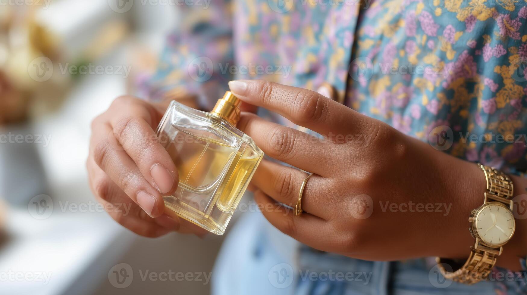 Woman applying perfume in a cozy indoor setting, showcasing style and elegance during the afternoon photo