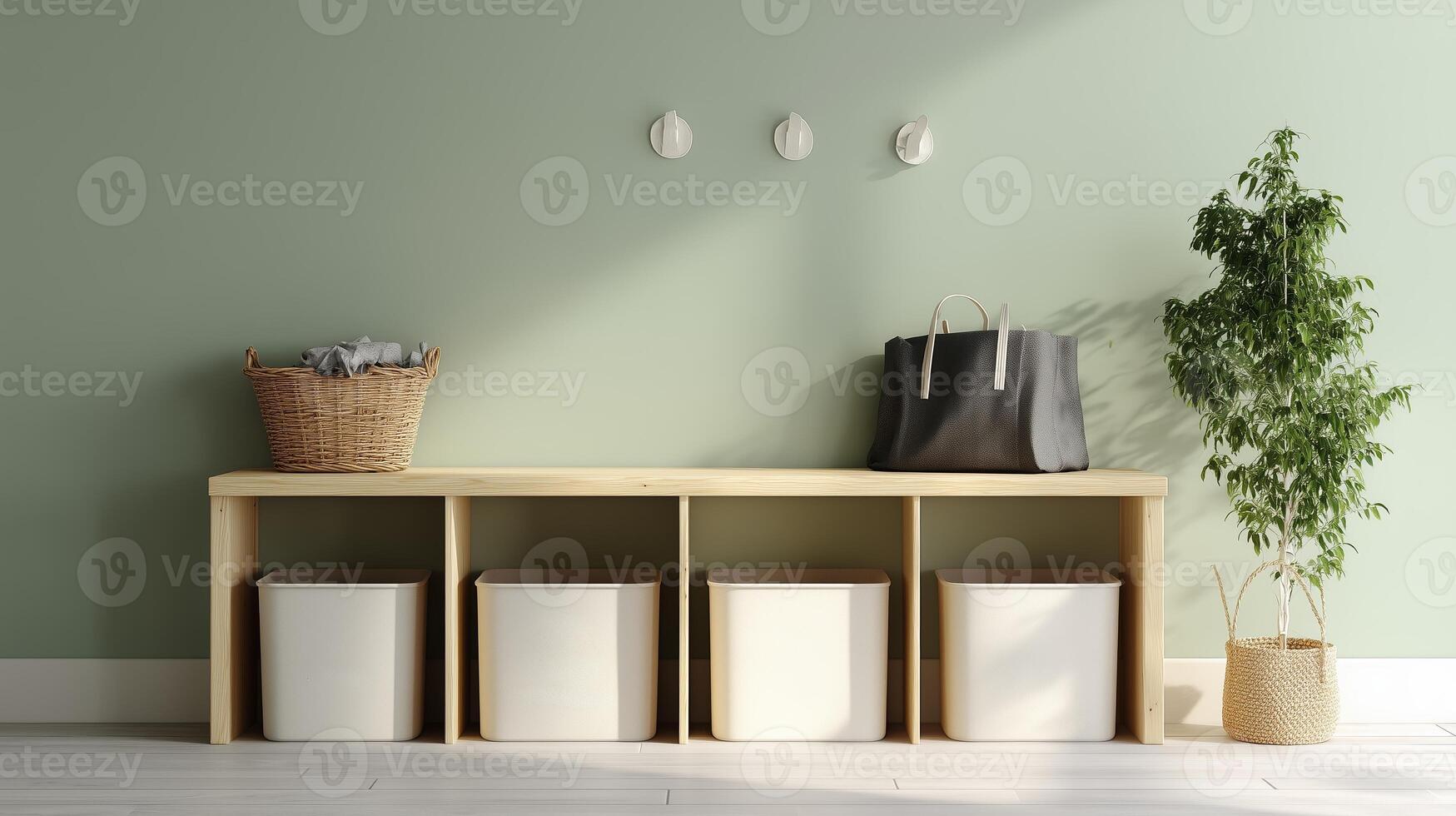 Modern entryway storage solution with minimalist design and greenery in natural light photo