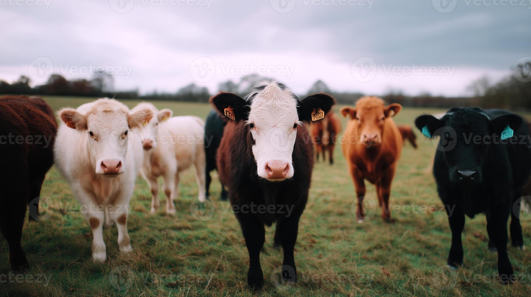 Cows gather in a green pasture under a moody sky during late afternoon in a rural landscape photo