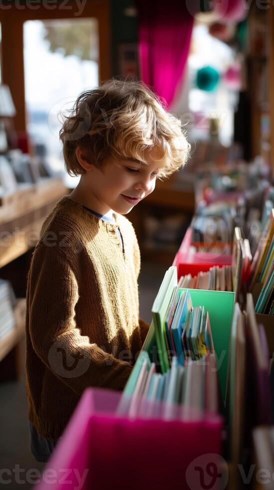Young child explores colorful books in a cozy bookstore during a sunny afternoon photo