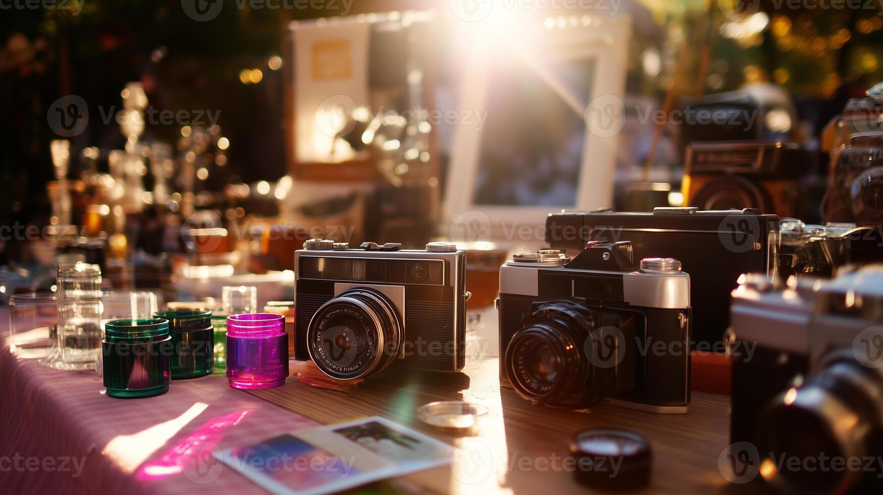 Vintage camera collection displayed at a local market during a sunny afternoon, showcasing various photography equipment photo