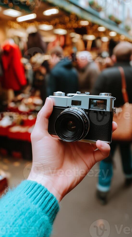 Holding a vintage camera in a bustling market with various shoppers in the background photo