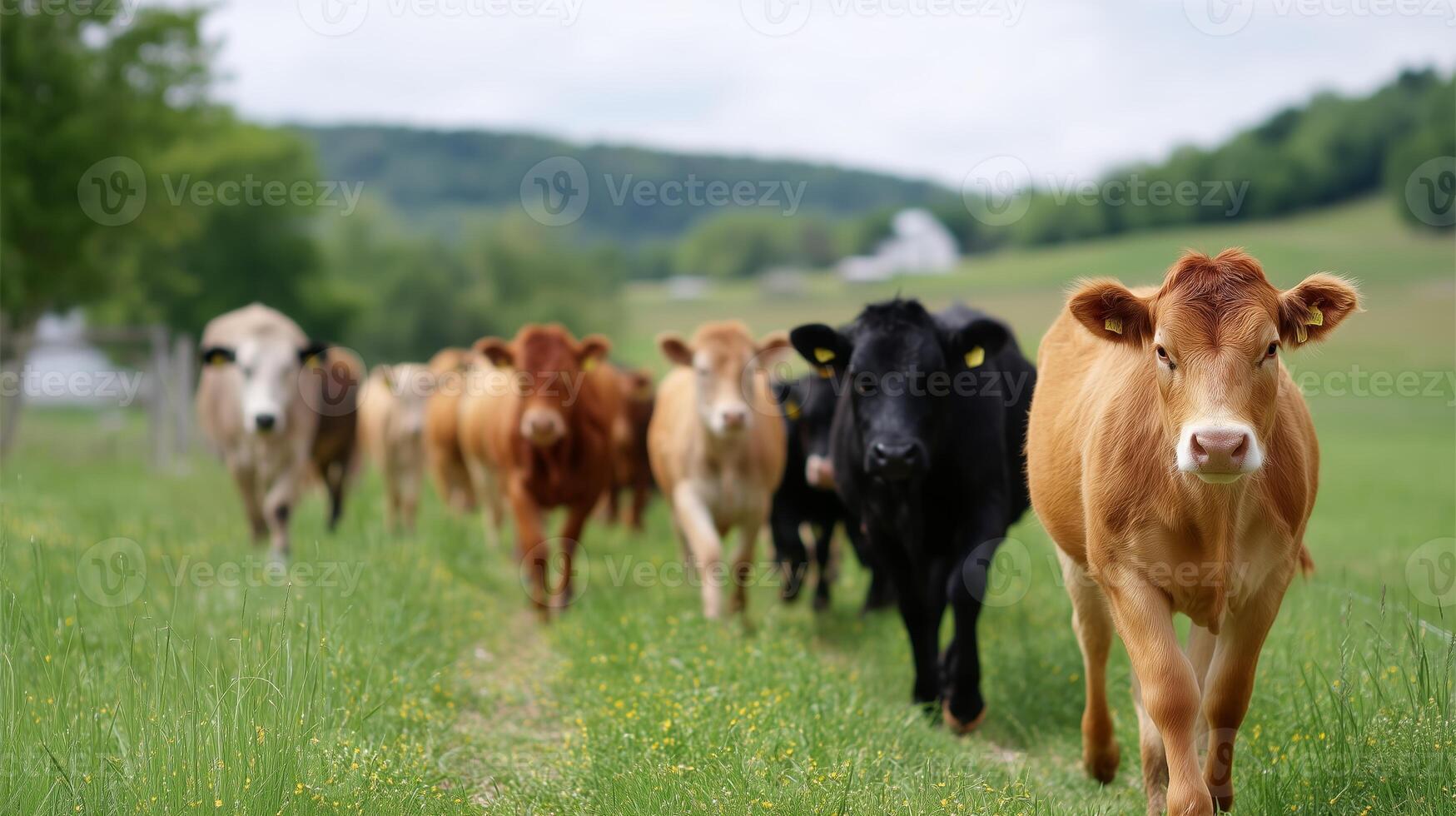 Cows walking down a grassy path in a rural landscape during a sunny day in the countryside photo
