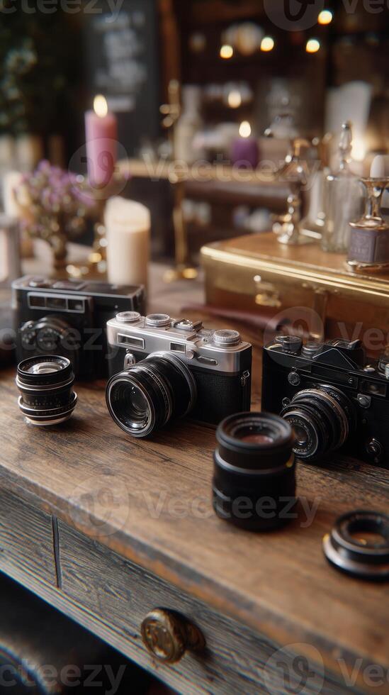 Vintage cameras arranged on a wooden table in an inviting cafe setting with warm lighting photo