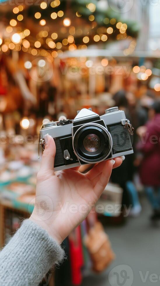 Handheld camera captures the vibrant atmosphere of a bustling market in the evening photo