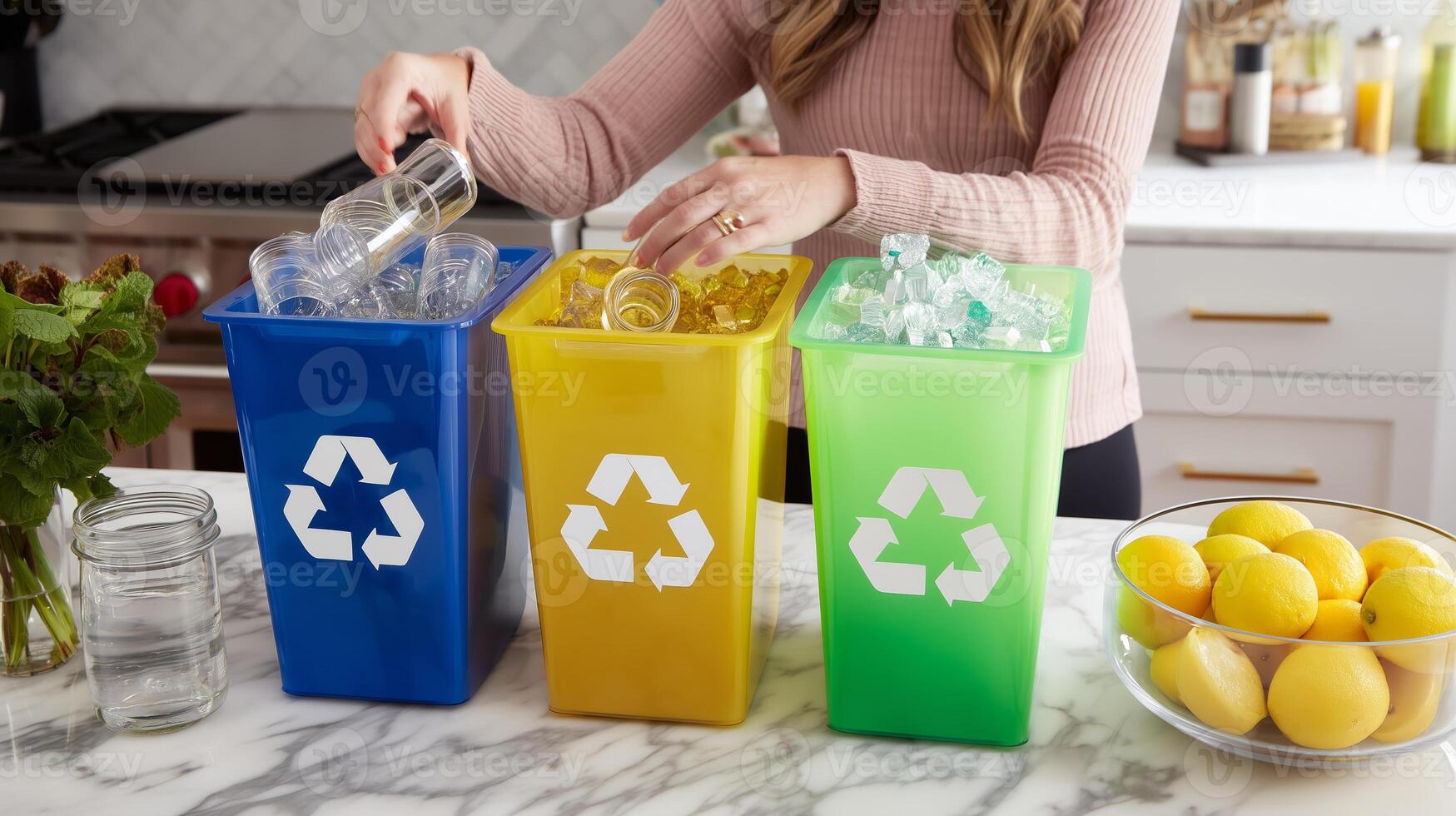 Sorting recyclable materials in an organized kitchen with glass, ice, and citrus preparation photo