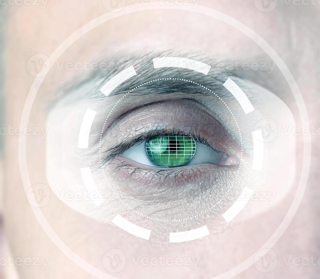 Close-up view of a human eye with digital scanning effects representing biometric technology photo