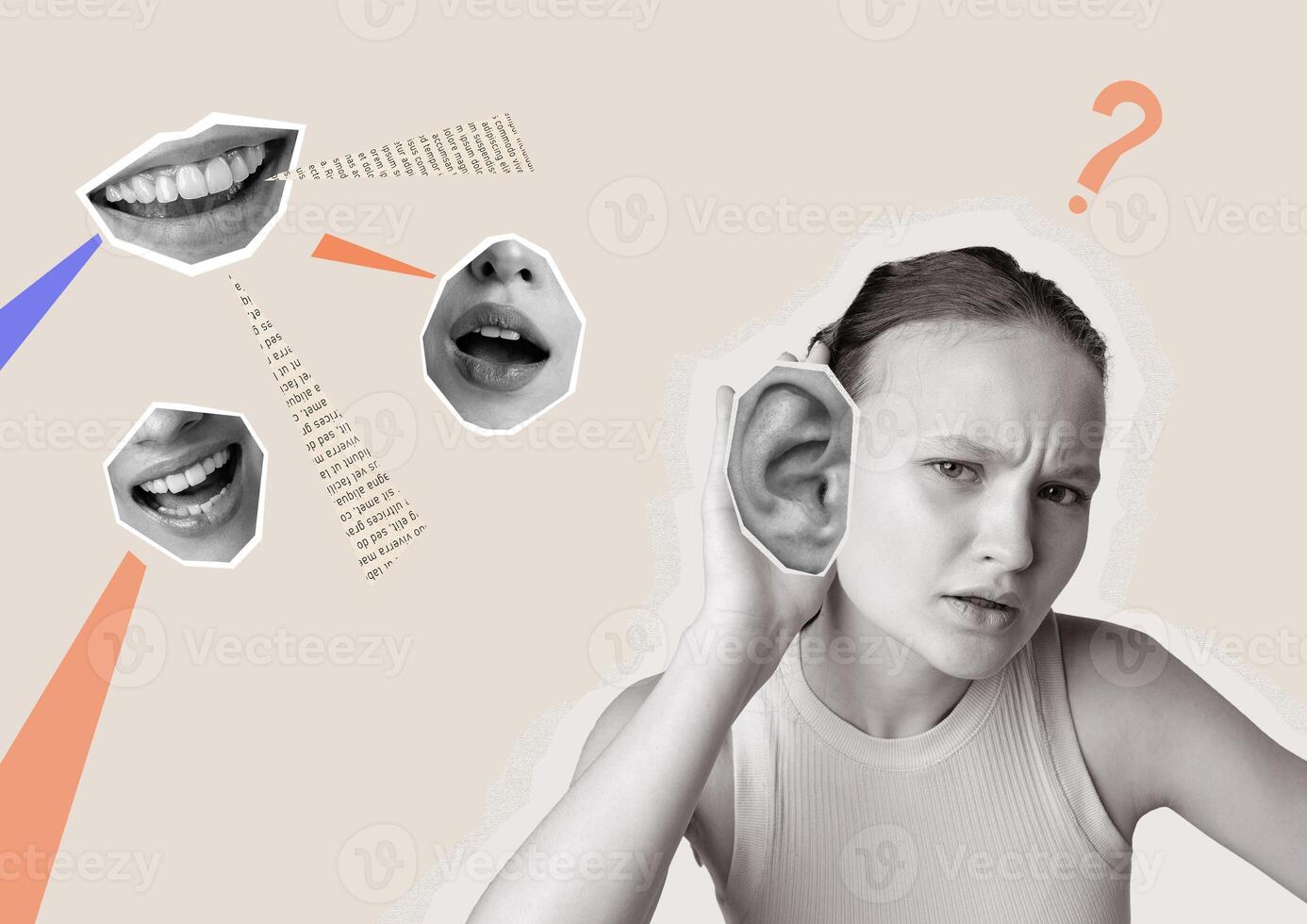 Creative expression of communication and listening through a unique visual collage featuring a young woman engaged in an active listening pose photo