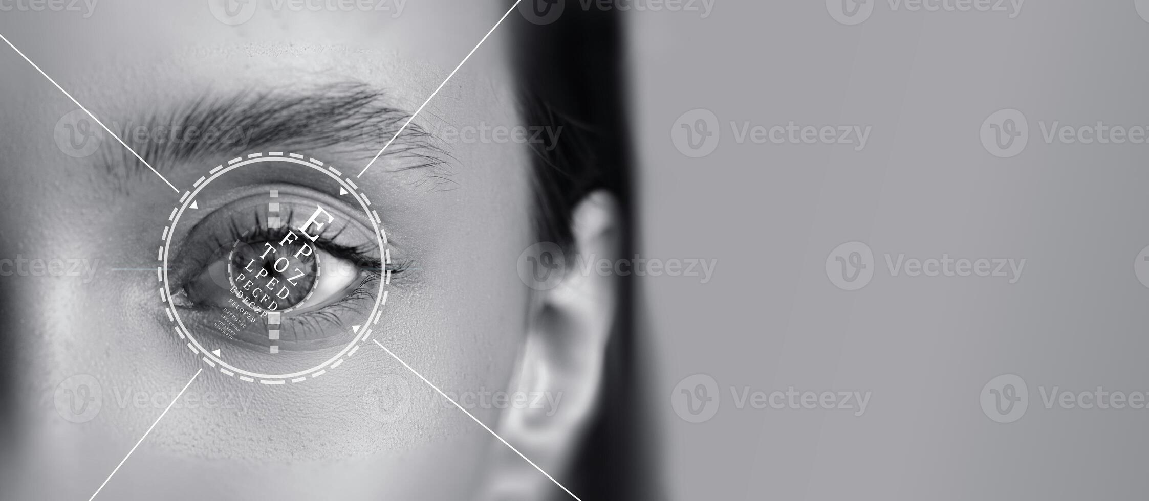 Detailed close-up of an eye with biometric technology detecting features in a black and white setting photo