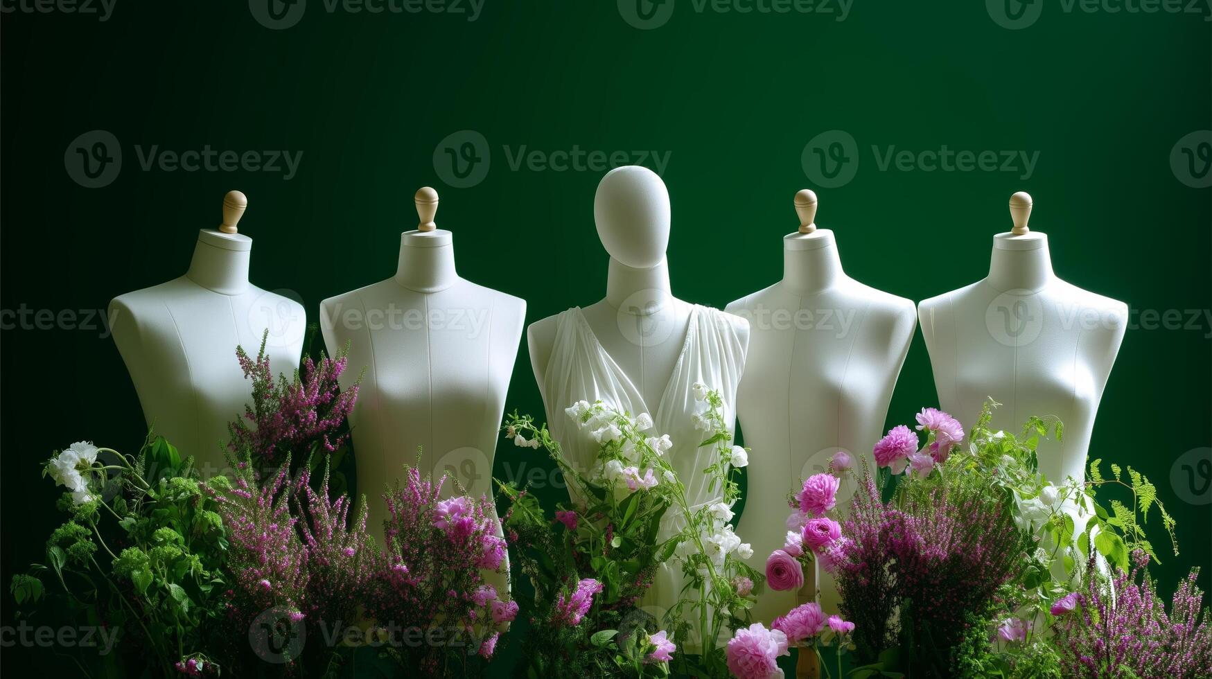 Mannequins adorned with flowers create a vibrant display in a fashion studio during daylight hours photo