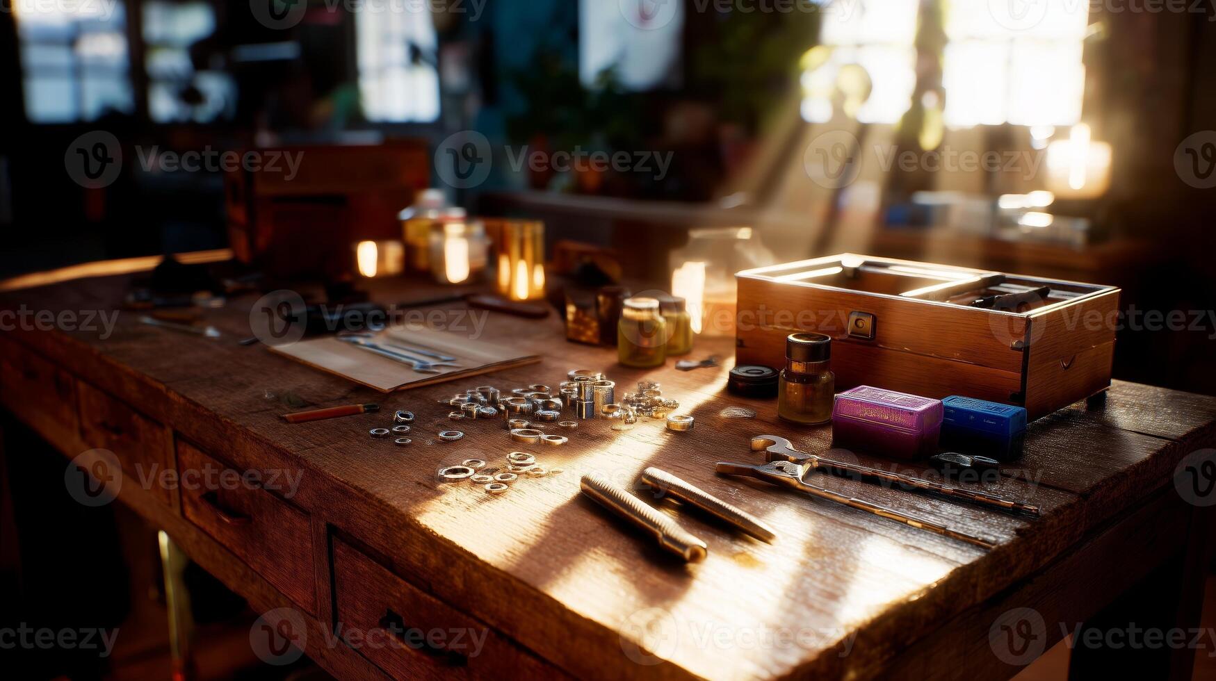 Workshop clutter showcases tools, materials, and warm sunlight illuminating a creative space photo