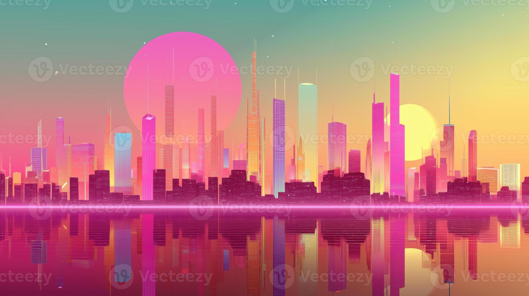 Vibrant skyline with futuristic buildings reflecting in water during sunset in a fantasy city photo