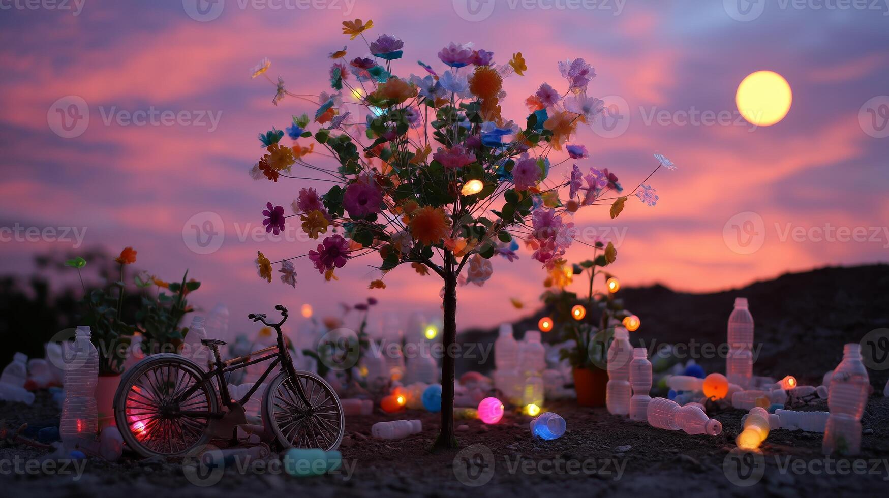 Colorful flower tree with bicycle under a sunset sky surrounded by plastic bottles in a clean-up art installation photo