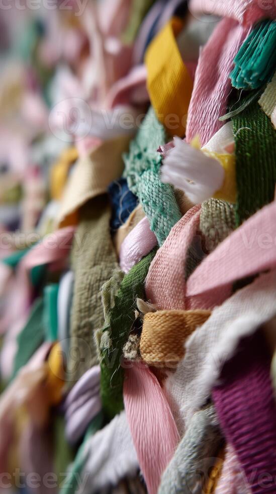 Colorful textile art creation featuring vibrant fabric strips and ribbons woven together in an intricate design photo
