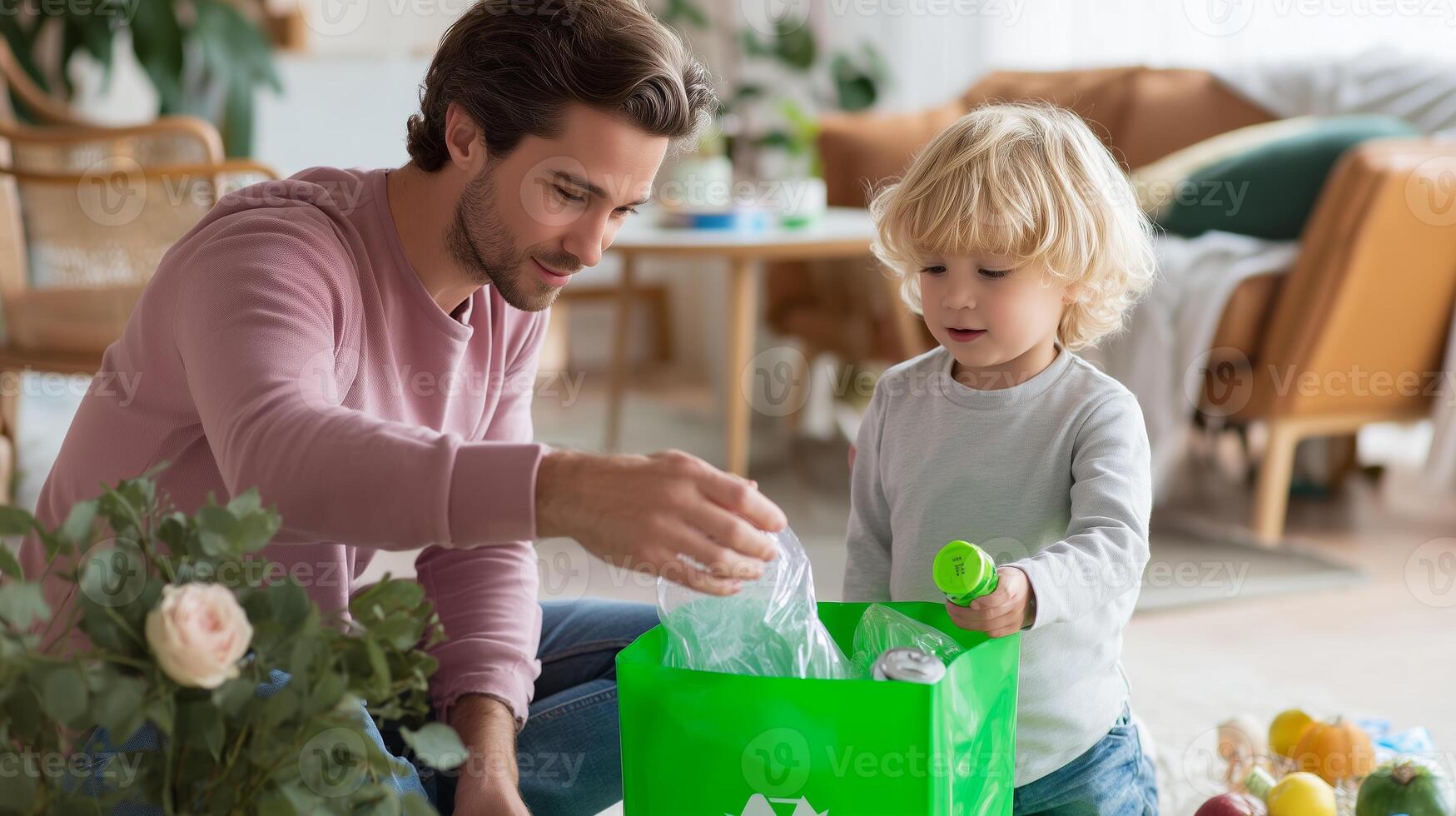Father and son sorting recyclable materials together in a modern home on a sunny day photo