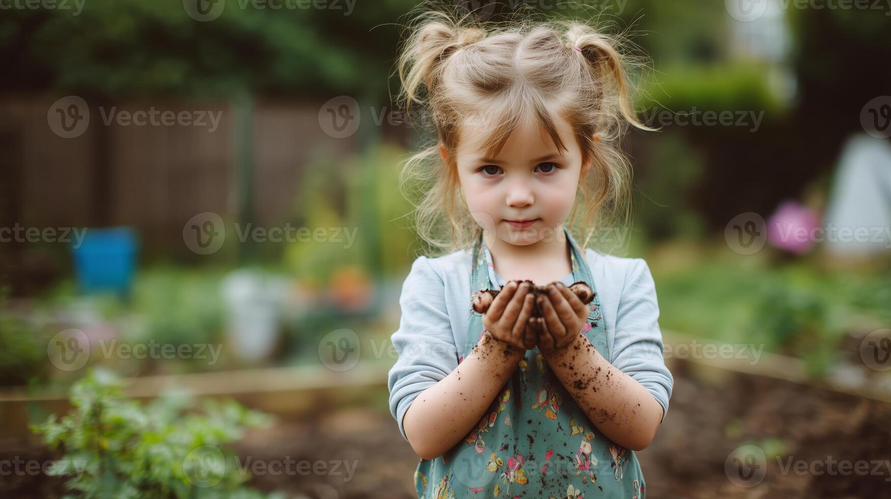 Young child enjoys gardening by holding freshly dug soil in a backyard garden during a sunny afternoon photo