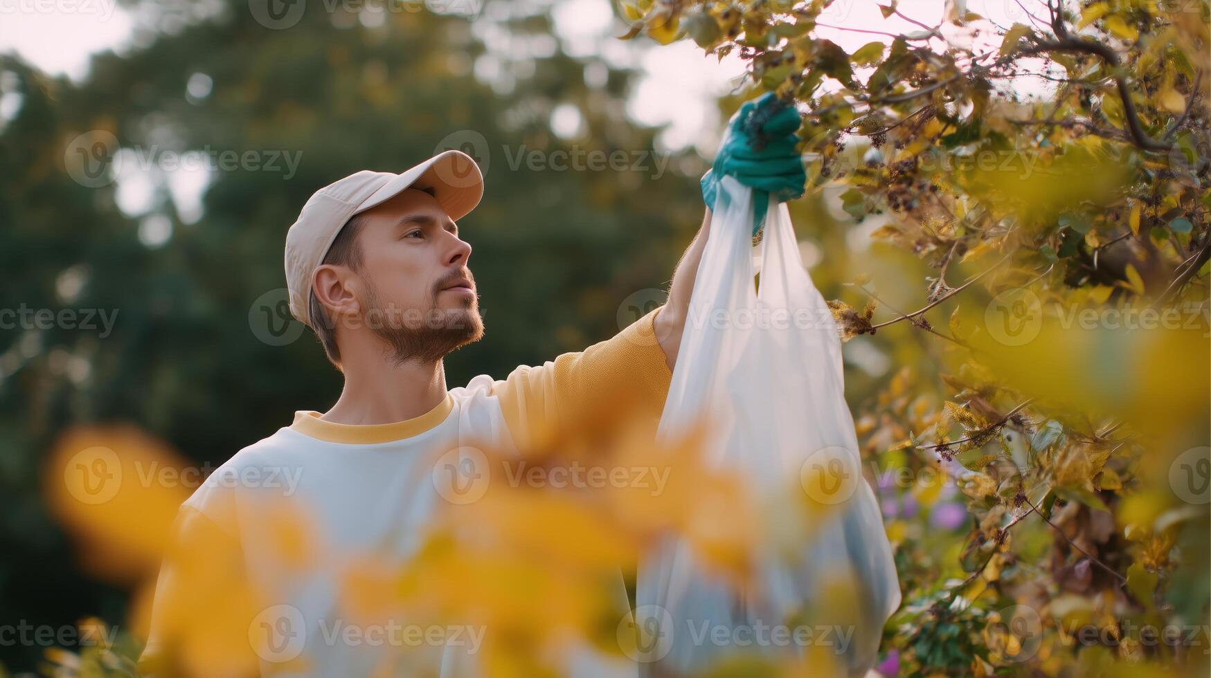 Man collecting berries in a garden during late afternoon, surrounded by greenery and autumn leaves photo