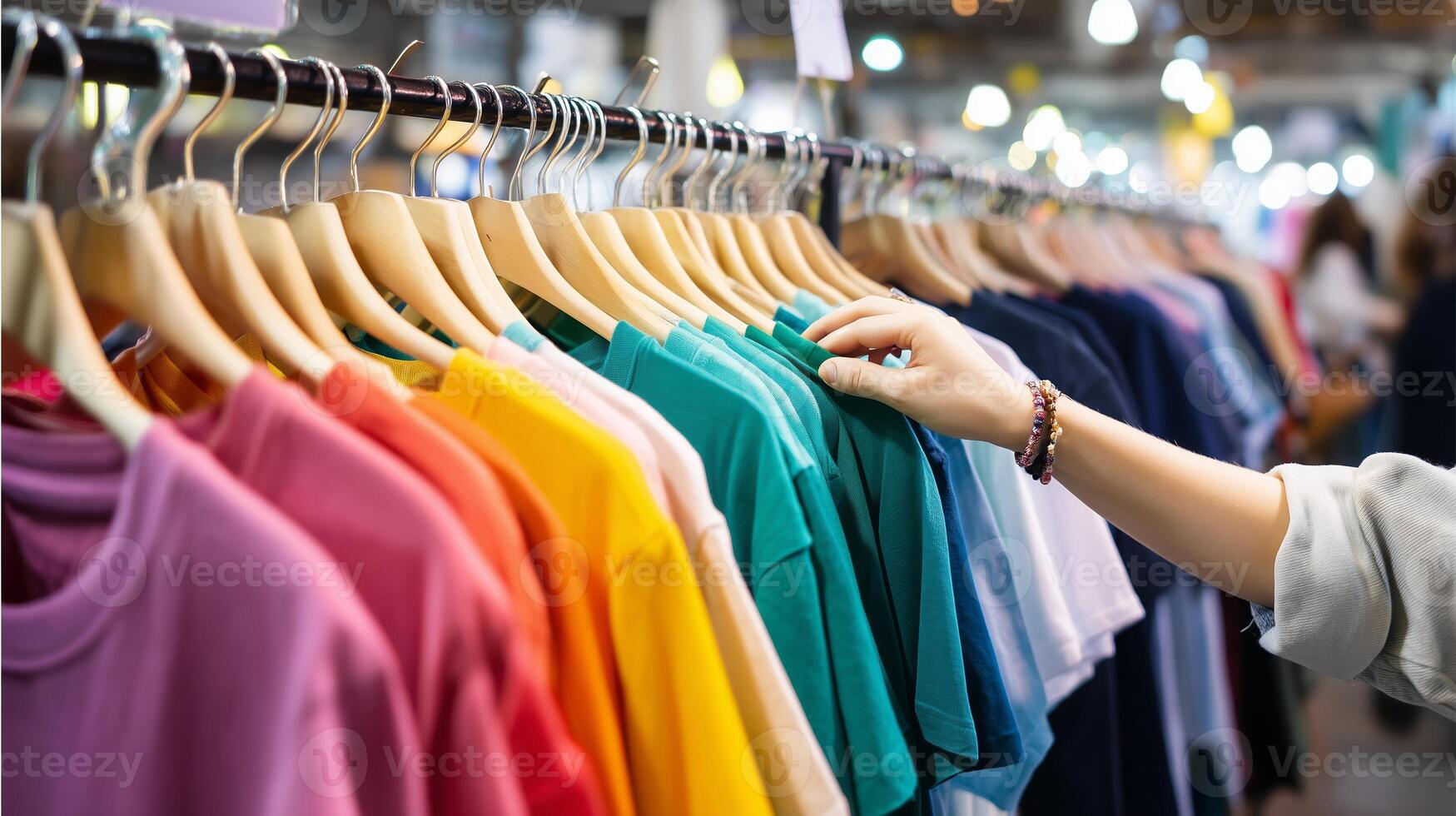 Exploring vibrant clothing choices in a busy market during a weekend shopping trip photo