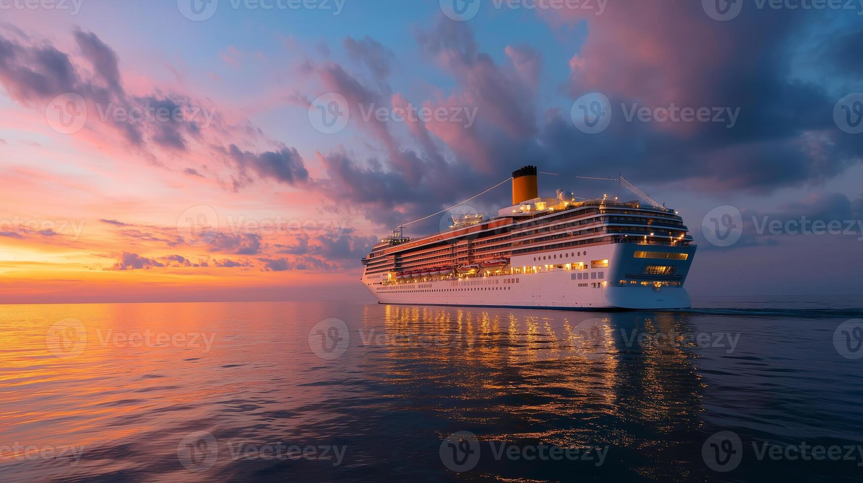 Cruise ship sails into sunset over calm waters with vibrant sky colors reflecting on the ocean surface photo
