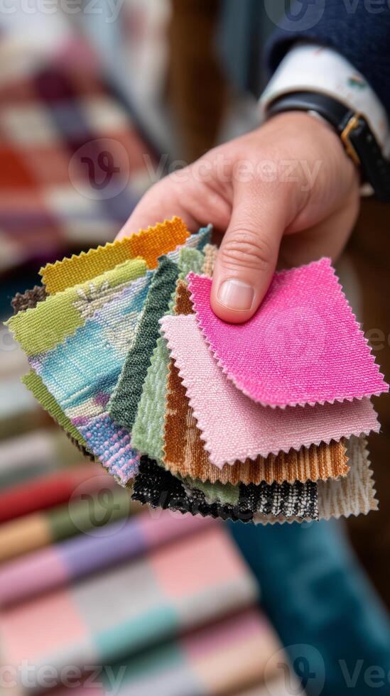 Fabric swatches held in hand at a design workshop showcasing various colors and textures during daytime photo